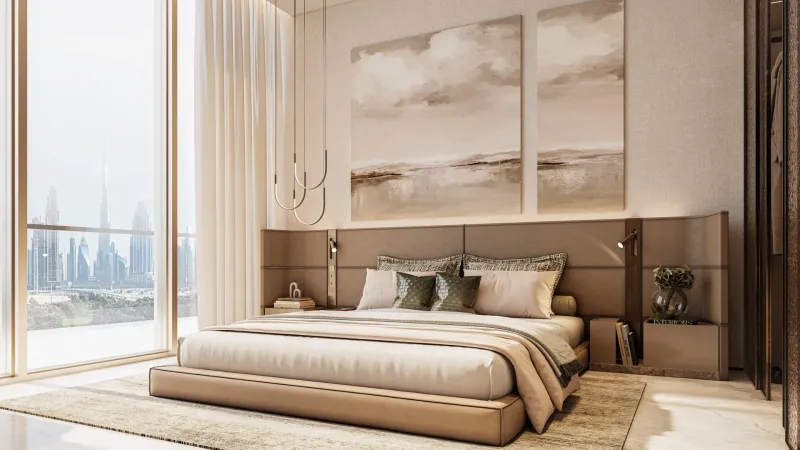 Bedroom with Burj Khalifa view at Sea Cliff by Imtiaz