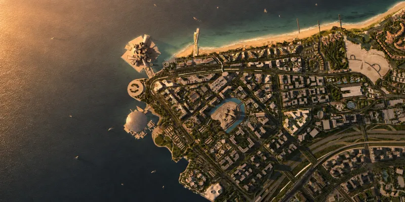 Aerial render of Saadiyat Cultural District at the western tip of Saadiyat Island, showing the Louvre Abu Dhabi dome, the Guggenheim Abu Dhabi on its promontory, teamLab Phenomena and the surrounding mid rise blocks.