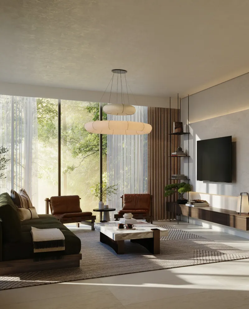 Render of a Sei Saadiyat living room with floor to ceiling glazing, sheer curtains, a stone coffee table and warm minimal furnishing, with dense green foliage outside the window.