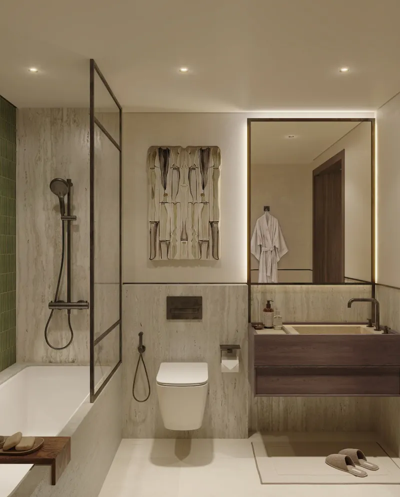Render of a Sei Saadiyat bathroom in travertine and green tile with a full bath, a separate shower enclosure, wall hung WC and a dark timber vanity.