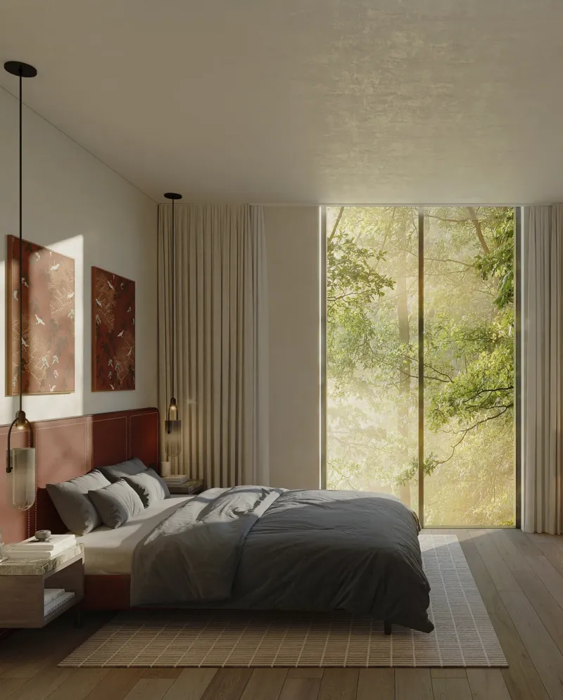 Render of a Sei Saadiyat bedroom with timber flooring, a leather headboard, pendant reading lights and full height glazing onto green foliage.