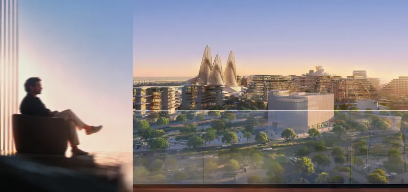 Render of the view from a Sei Saadiyat balcony, looking inland over Saadiyat Cultural District at dusk with the Zayed National Museum sail forms on the skyline.