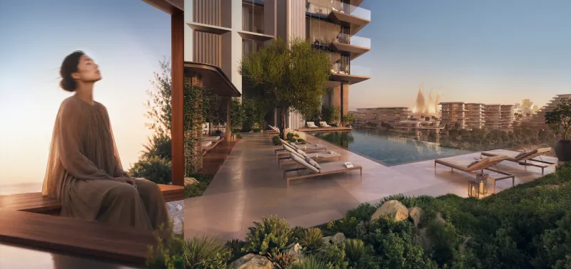 Render of a Sei Saadiyat pool terrace beside a residential building with deep planted balconies and vertical louvre screens, looking across water to the Cultural District.