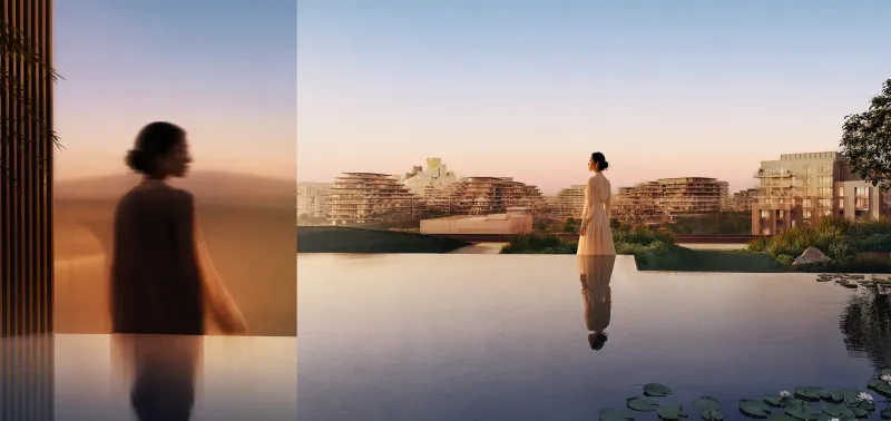 Render of the Zen garden and serenity pool at Sei Saadiyat, a still reflecting pool with water lilies looking across to the residential buildings and the Cultural District at dusk.