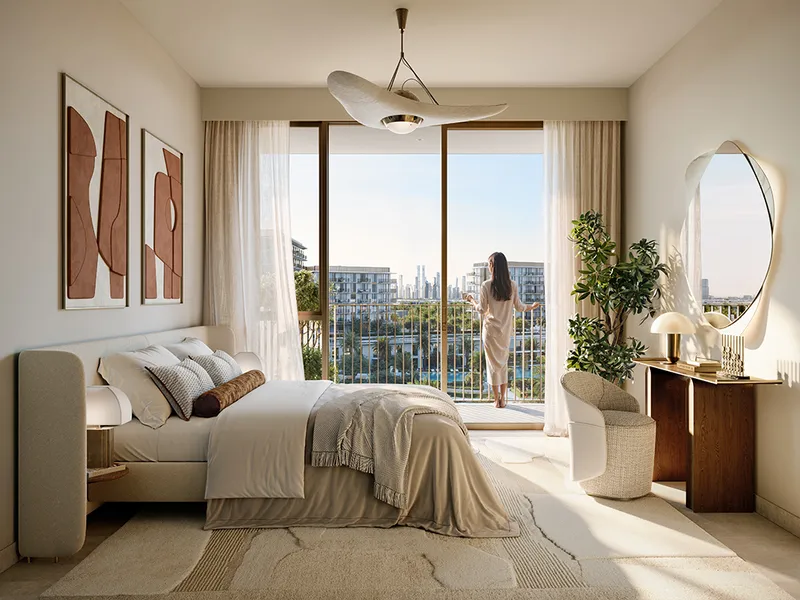 Interior render of a bedroom with a full-height window opening onto a balcony
