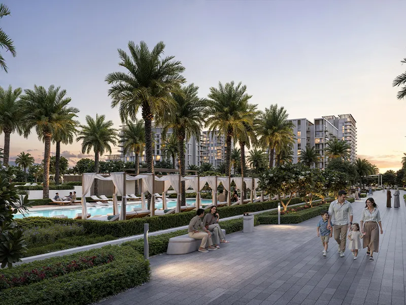 Render of residents walking along a palm-lined path beside a pool with cabanas at Sera