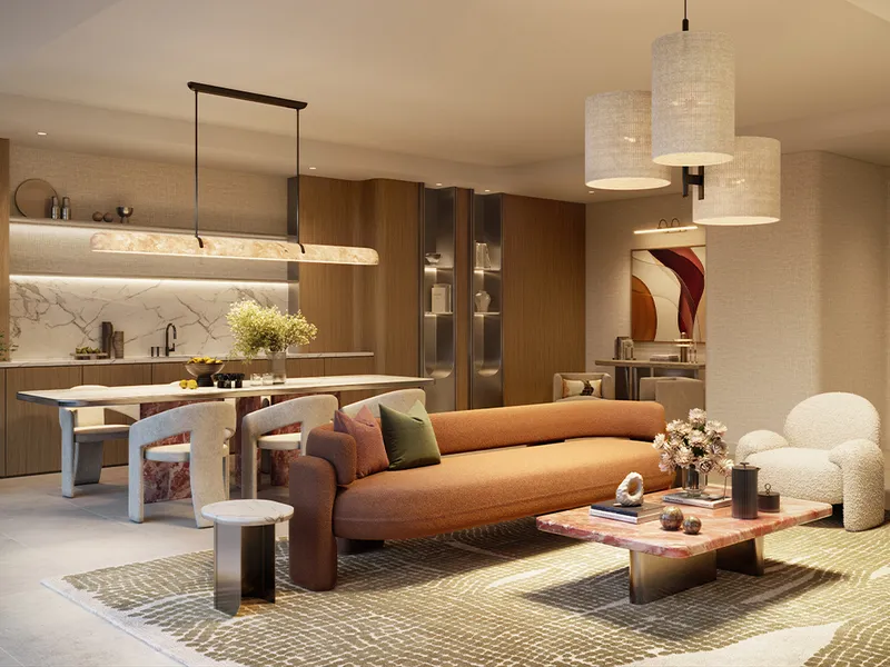 Interior render of an open-plan living and dining area with a sofa, dining table and kitchen