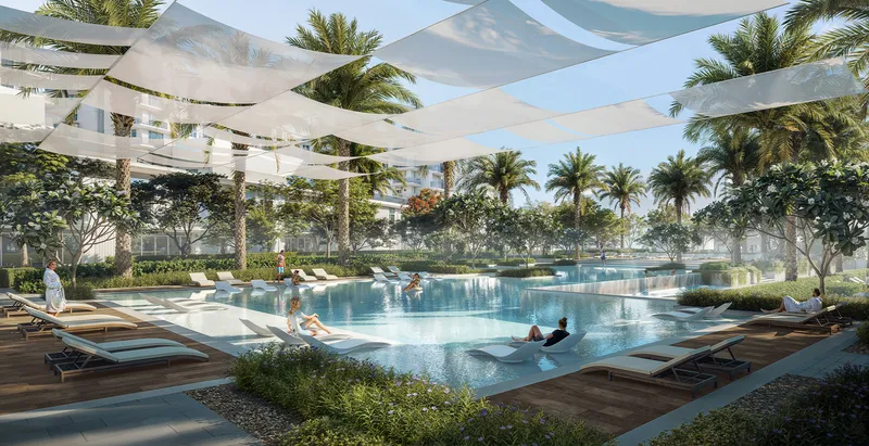 Render of a leisure pool shaded by white fabric sails, with loungers and palm trees