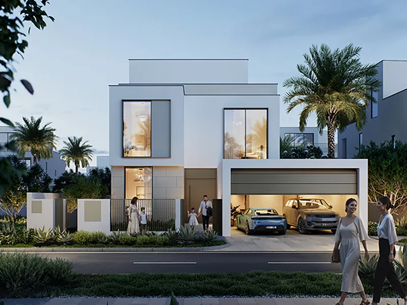 Render of a Serro 2 villa frontage with a lit garage, front garden and residents walking along the street