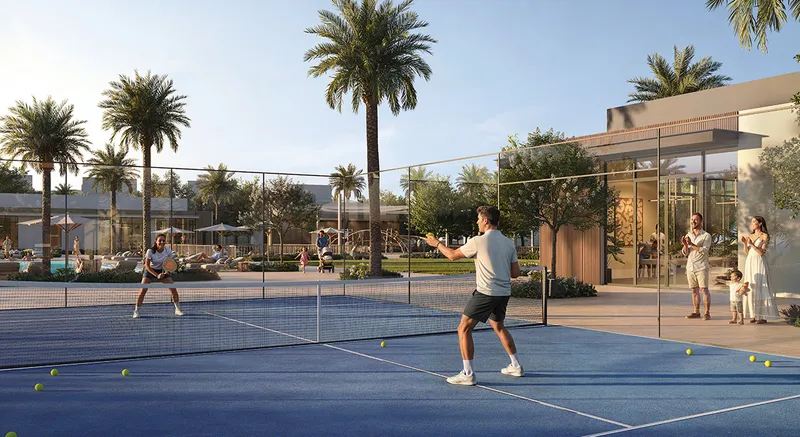 Render of residents playing on an outdoor sports court beside palm trees and a pavilion