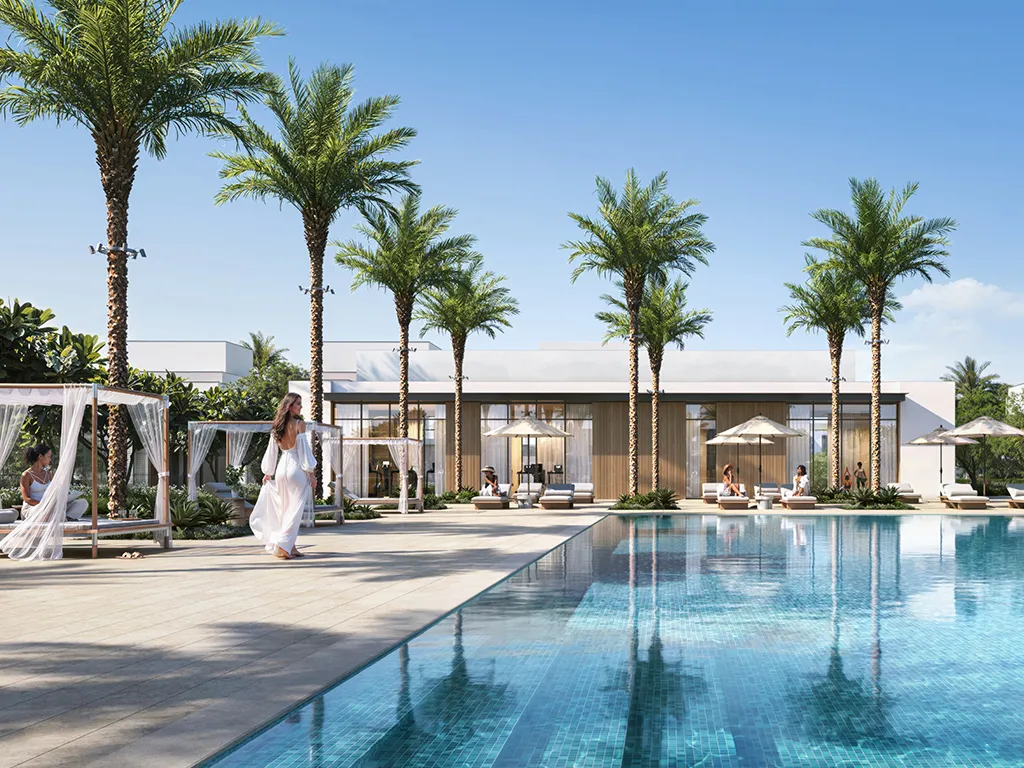 Render of a palm-lined community pool with cabanas and a pavilion at Serro
