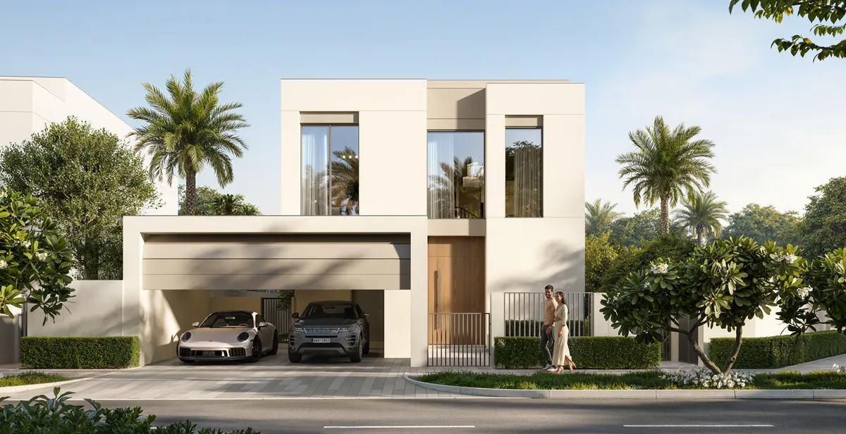 Render of a two-storey Serro villa with a covered carport, timber front door and palm trees