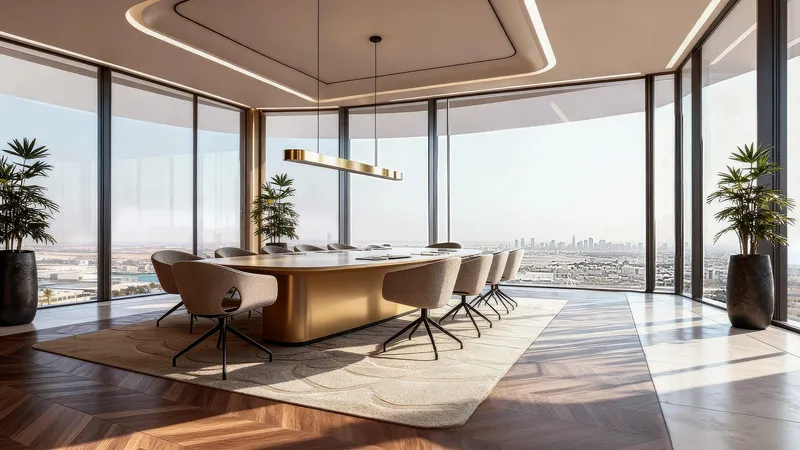 Board room at Shahrukhz with a long table and full-height glazing over the skyline