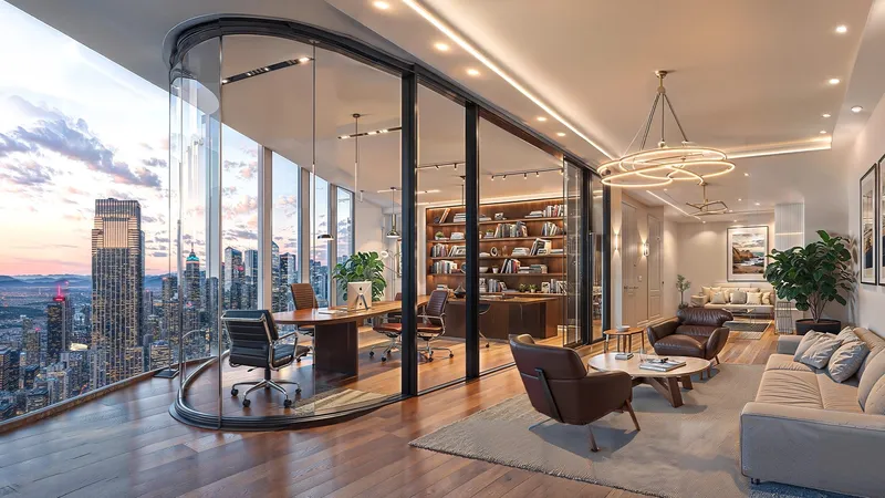 Corner office at Shahrukhz with a desk, lounge seating and curved glazing over the city
