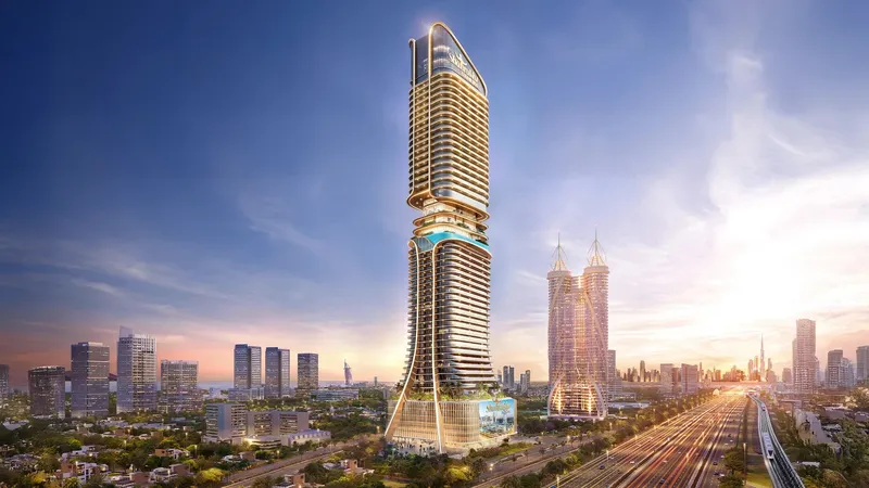 Shahrukhz by Danube on Sheikh Zayed Road, an office tower shown at dusk with the Dubai Metro line running past it