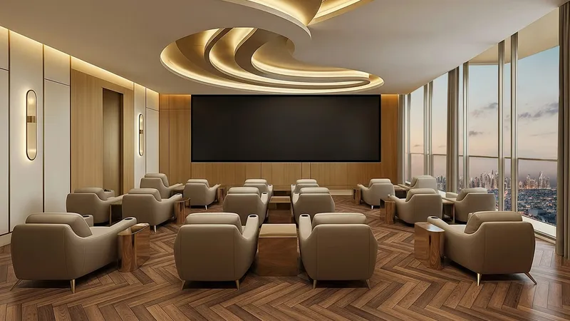 Multipurpose hall at Shahrukhz with tiered armchairs facing a large screen