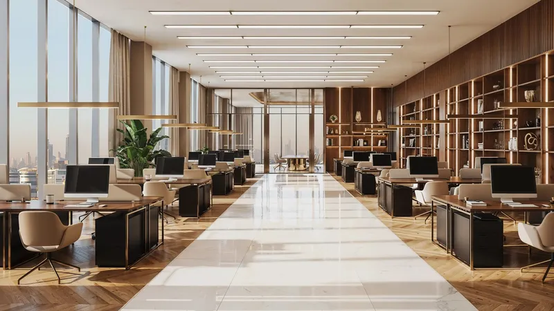 Open-plan office floor at Shahrukhz with rows of workstations and shelving along one wall