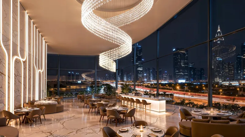 Indoor lounge at Shahrukhz at night with a spiral chandelier and full-height glazing over the city