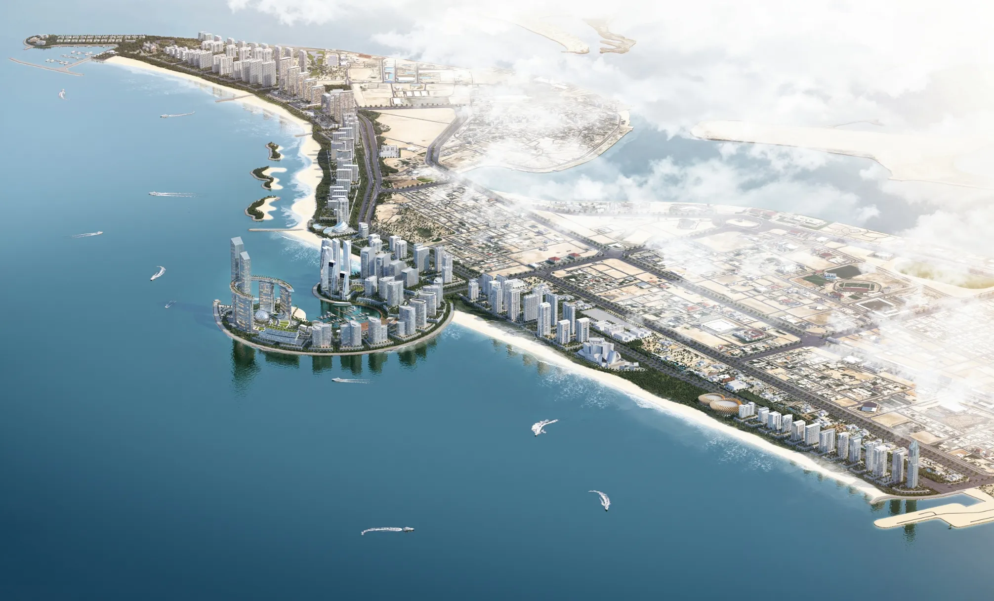 Aerial render of the Downtown Umm Al Quwain coastline, marina and beachfront masterplan by Sobha Realty