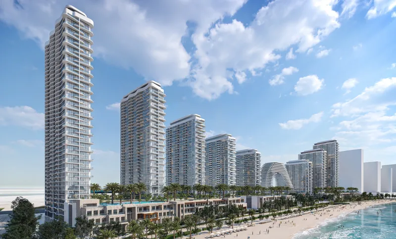 Tallest Sobha Aquamont tower with the beachfront promenade and podium pools below