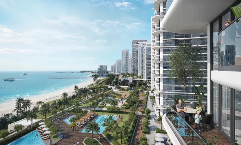 Balcony view from Sobha Aquamont over the pools, beach park and Umm Al Quwain shoreline
