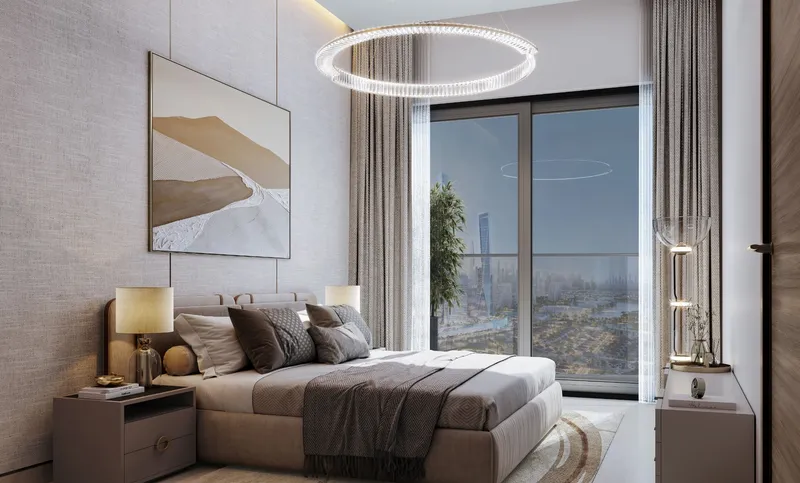 Render of a Sobha Central bedroom with floor-to-ceiling window