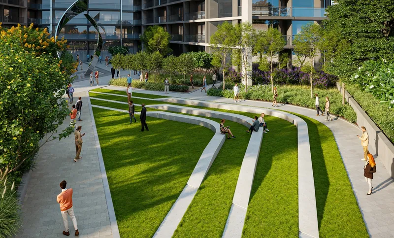 Render of the terraced lawn amphitheatre in the Sobha Central elevated park