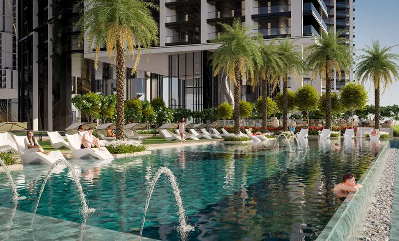 Render of the Sobha Central podium leisure pool with loungers, palms and water jets