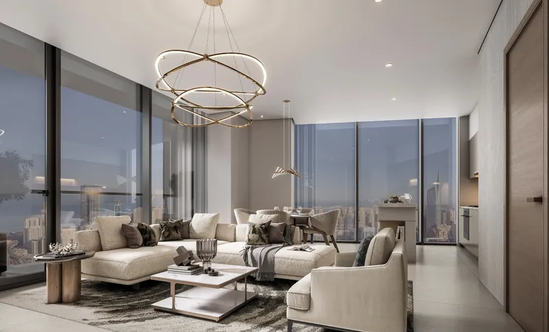 Render of a Sobha Central apartment living room with full-height glazing and city views