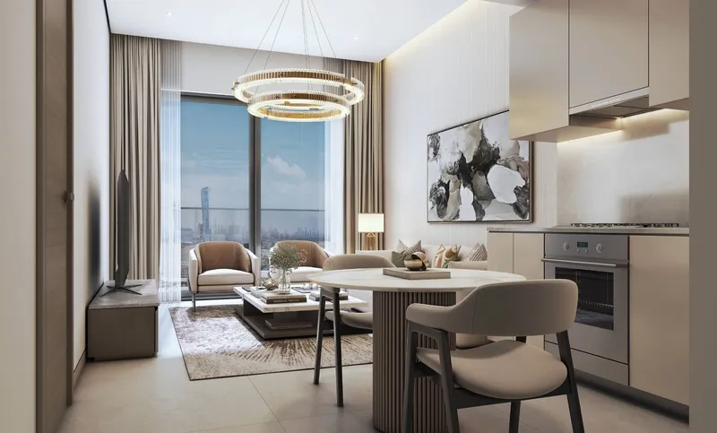 Render of an open living, dining and kitchen area in a Sobha Central one-bedroom apartment