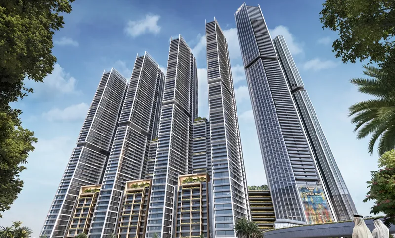 Render looking up at the Sobha Central residential towers from podium level
