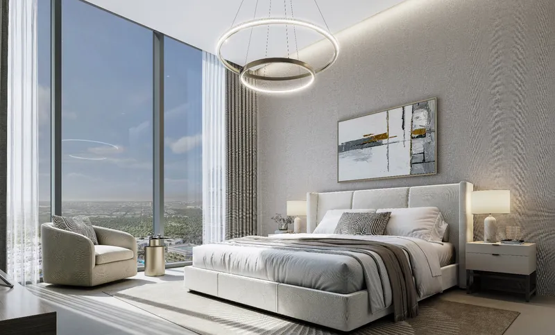 Render of a Sobha Hartland II apartment bedroom with floor-to-ceiling glazing