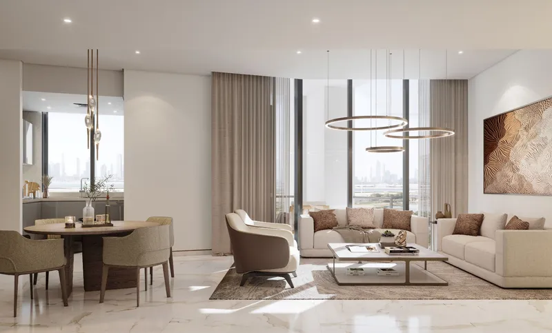 Render of a Sobha Hartland II apartment living and dining room with full-height windows