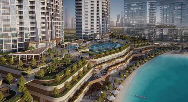 Render of Sobha Hartland II towers stepping down to terraced gardens and a lagoon beach
