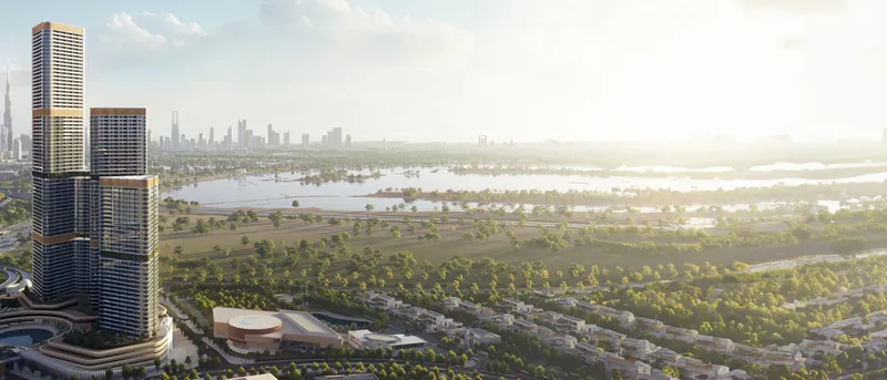 Render of the Skyvue towers at Sobha Hartland II looking over the Ras Al Khor wildlife sanctuary to the Dubai skyline