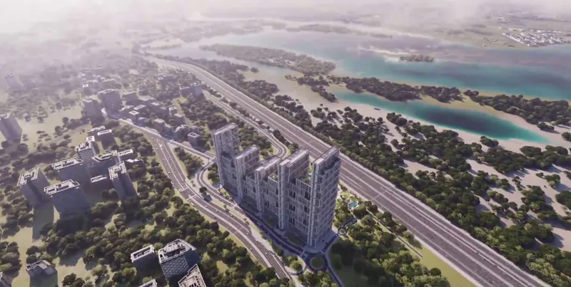 Aerial render of Sobha One beside Ras Al Khor Road and the wildlife sanctuary lagoon
