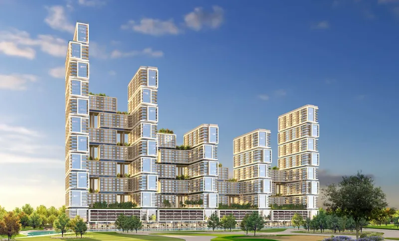 The five interconnected Sobha One towers, rising from 30 to 65 storeys