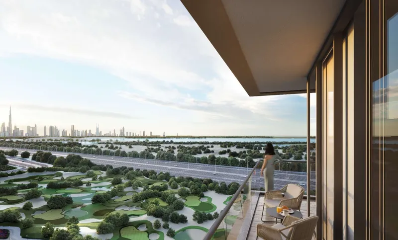Balcony at Sobha One overlooking the pitch and putt golf course toward the Downtown Dubai skyline