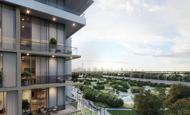 Sobha One balconies above the golf course with the Burj Khalifa on the horizon