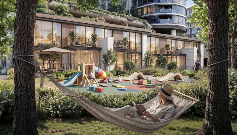 Children's play area at Sobha Sanctuary seen from a hammock slung between two mature trees, with apartments behind