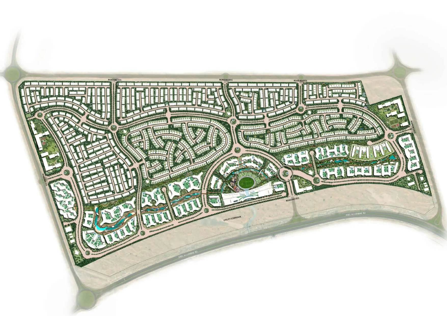 Illustrative masterplan of Sobha Sanctuary showing villa clusters, apartment districts, the central park and road access points