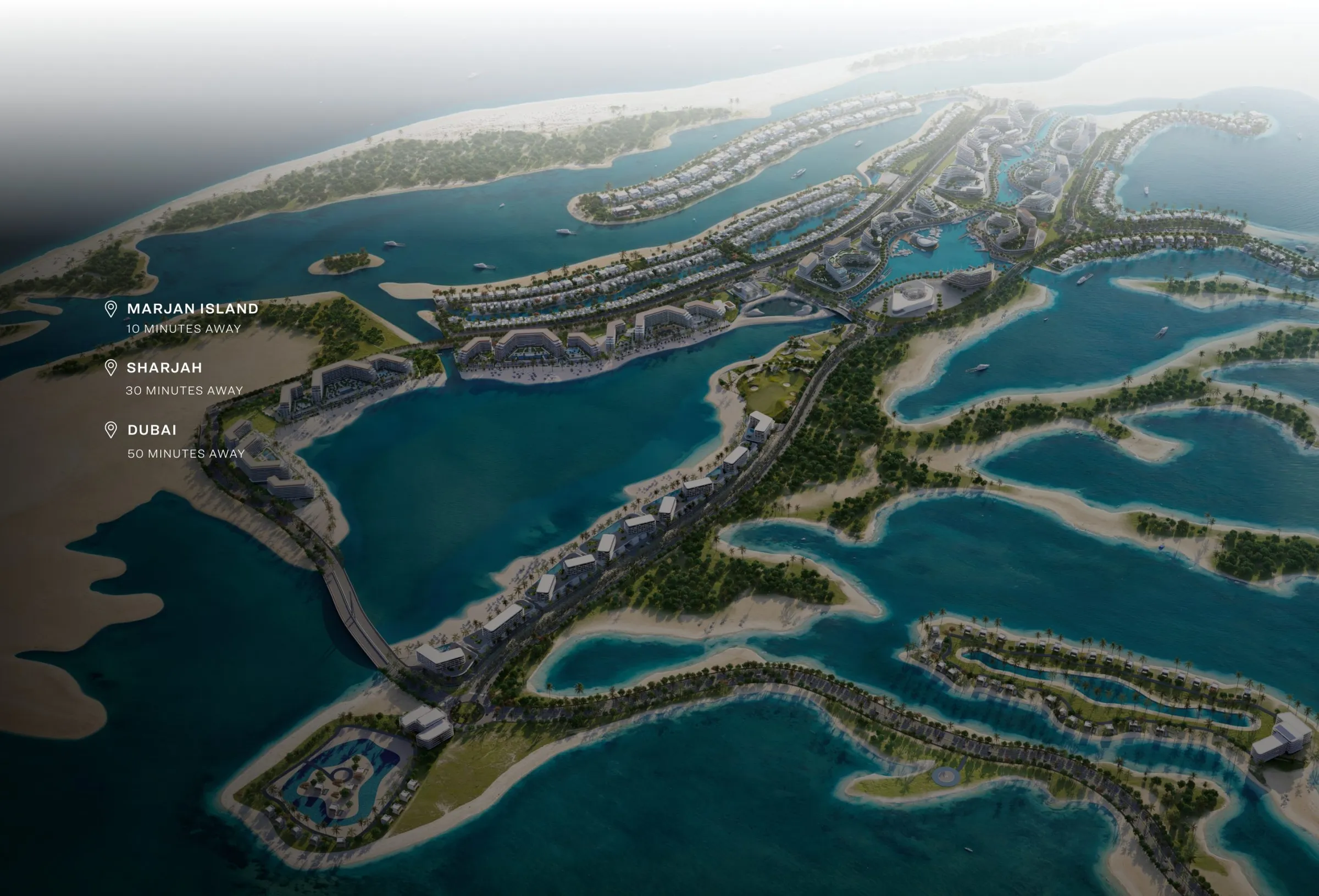 Aerial render of Siniya Island off Umm Al Quwain showing the bridge, beaches, lagoons and development plots