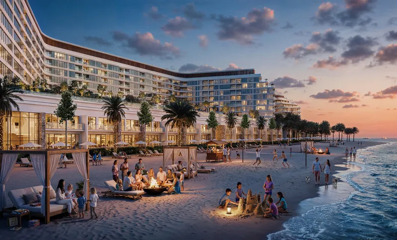 Render of residents on the beach in front of the Beach Residences at Sobha Siniya Island at dusk