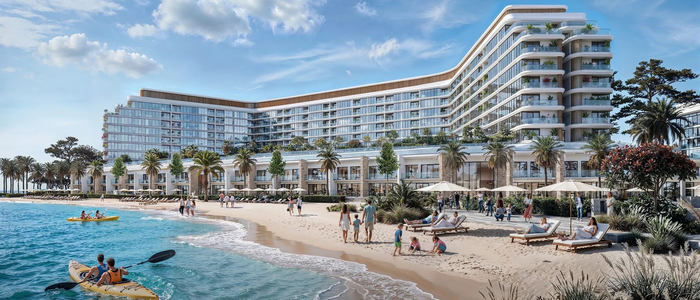 Render of the Beach Residences at Sobha Siniya Island set behind a sandy beach with kayaks and palms