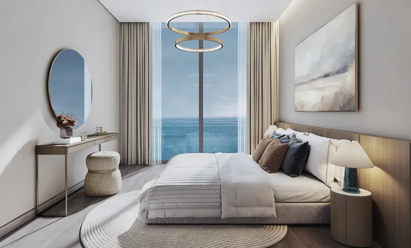 Render of a Sobha Siniya Island residence bedroom with a full-height window to the sea