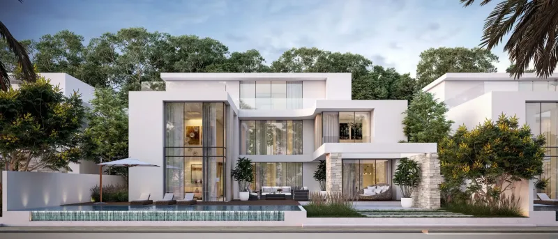 Render of a contemporary white villa with pool and garden at Sobha Siniya Island