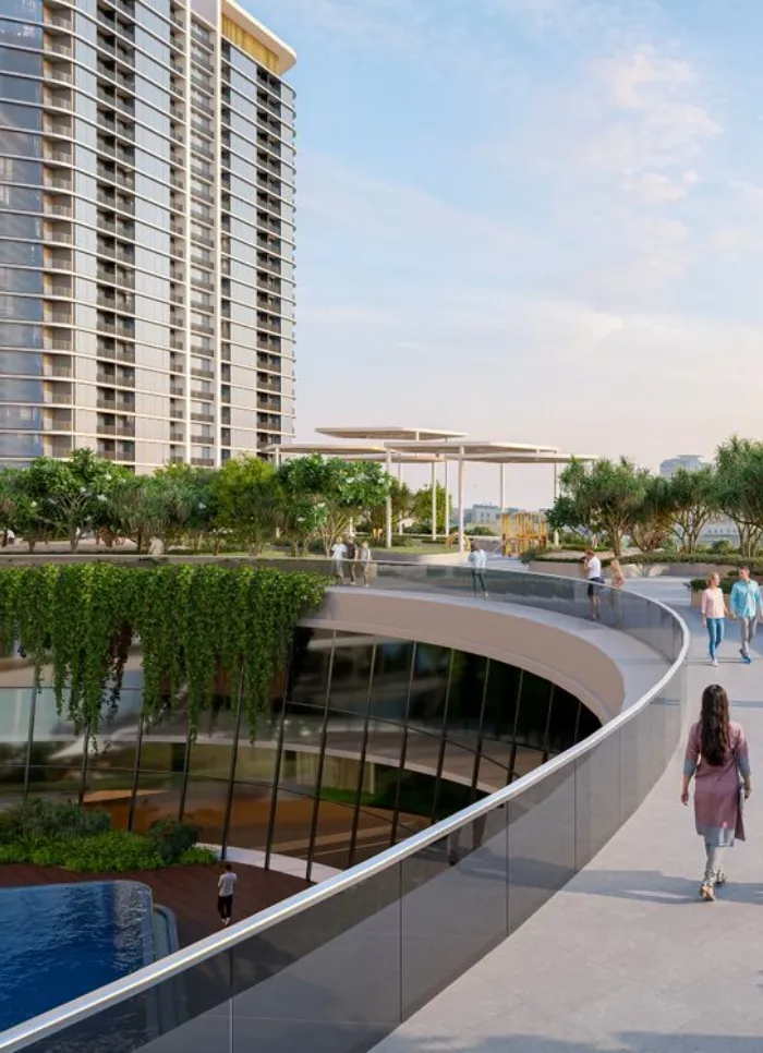 Elevated walkway and pool on the Sobha Solis podium