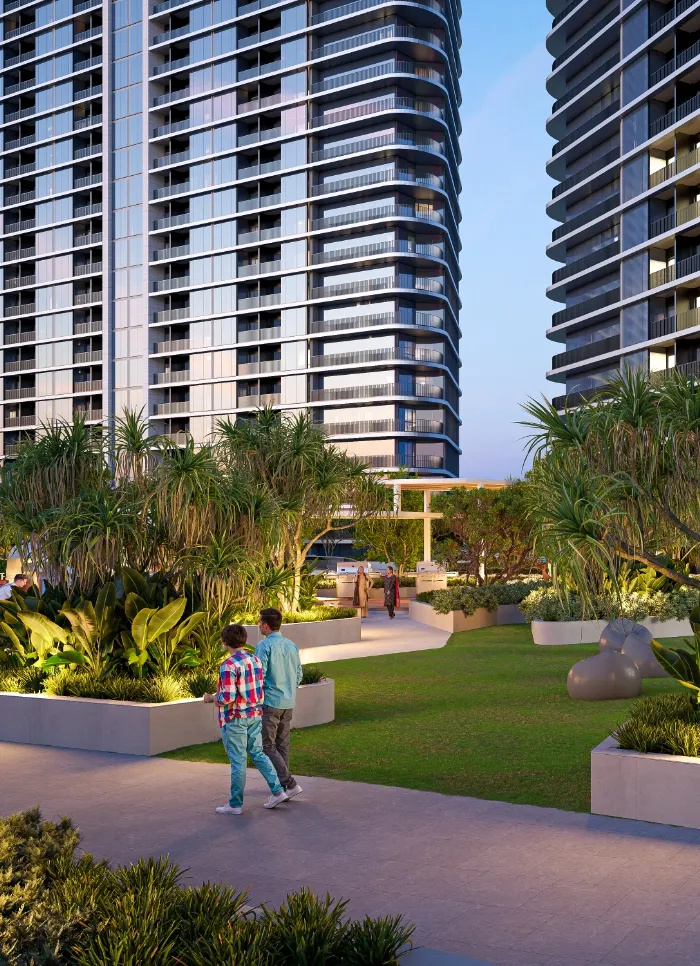Landscaped podium garden at Sobha Solis at dusk