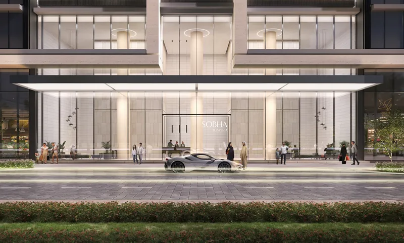 Sobha Solis lobby entrance and drop-off at night