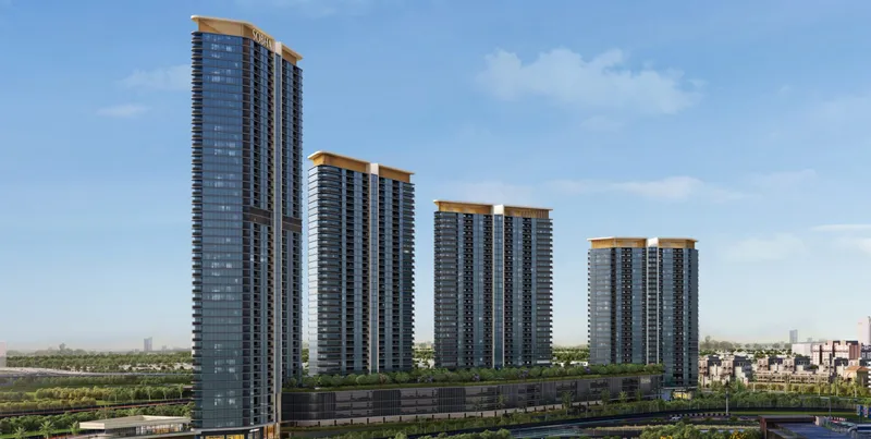 The four Sobha Solis towers above the shared residents’ podium in Motor City, Dubai